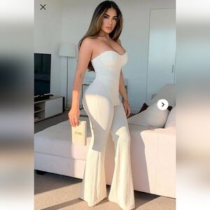 Elegant White Strapless Ribbet Pants Set